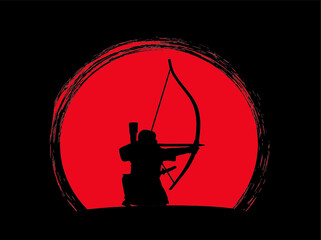 Monk-archer with bow. Figure on sunset background.