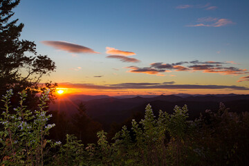 Beautiful sunset over blue ridge parkway and mountains