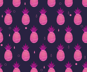 Seamless pattern of tropical fresh pineapples of ultraviolet color on dark background with decor. Vector illustration for textile, packaging.