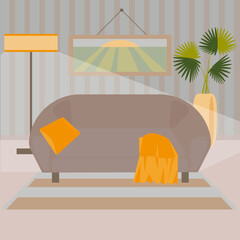 Sofa with pillow and plaid, carpet, floor lamp, palm tree in flowerpot, a picture on wall. Cozy home interior of lounge for relaxation. Vector illustration in flat style. Template for interior design