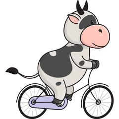 A cute spotted bull or cow rides a Bicycle, does sports. The bull is a symbol of the New year 2021 according to the Eastern calendar. Vector stock flat illustration isolated on a white background.