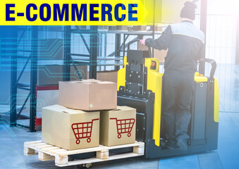E-commerce. Electronic commerce. Trading via the Internet. Warehouse of the online store. Boxes with orders and a loader on the background of The e-Commerce label.