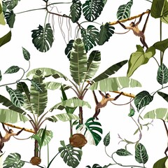 Fototapety  Wzór z drzewa monstera i bananowca z liany i liści i zielony kameleon. Ilustracja na białym tle.