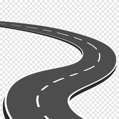 Winding curved road with markings. Highway going into the distance. Asphalt pathway on transparent background. Road direction, route way location infographic mockup for map. Vector illustration.
