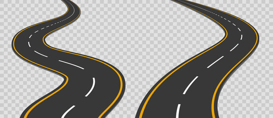 Winding curved road with markings set. Highway going into the distance. Asphalt pathway on transparent background. Road direction, route way location infographic mockup for map. Vector illustration.