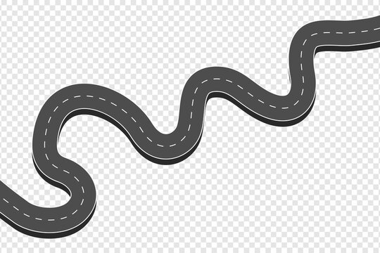 Winding curved asphalt road. Highway with markings in top view at transparent background. Road direction, map way location infographic mockup. Vector illustration.