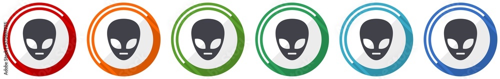 Poster alien face icon set, flat design vector illustration in 6 colors options for webdesign and mobile ap