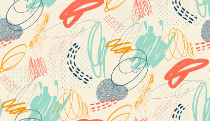 Fototapeta na wymiar Creative doodle seamless freehand drawn pattern with different shapes and textures. Collage. Vector