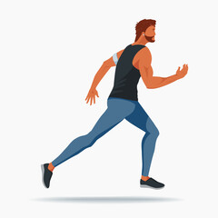 Fototapeta na wymiar A strong-built man in sportswear with a heart rate monitor on his arm and headphones is running while listening to music. A bearded athlete jogging. Vector flat design illustration.
