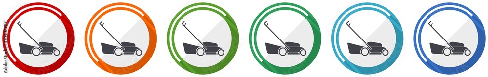 Aufkleber lawn mower icon set, flat design vector illustration in 6 colors options for webdesign and mobile ap