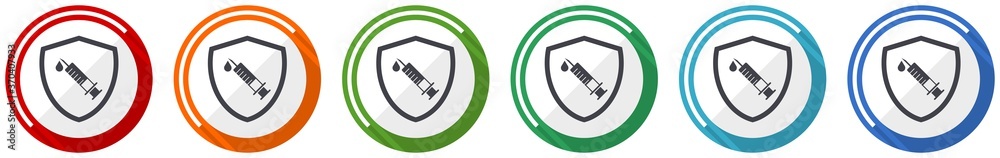 Poster vaccine shield concept icon set, flat design vector illustration in 6 colors options for webdesign a