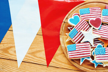 home baking cookies icing like american flag. patriotic background for US national holidays 