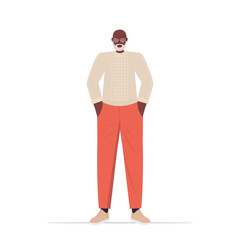 old african american man in casual trendy clothes senior male cartoon character standing pose gray haired grandfather full length vector illustration