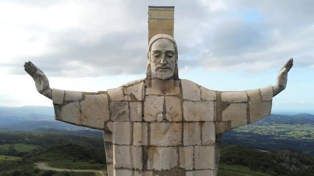 Statue of Christ on Monte Naranco in Oviedo, Asturias.Spain. Aerial Drone Footage