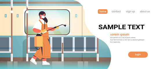 woman janitor in mask spraying with disinfectants in subway train cleaner disinfecting coronavirus cells to prevent covid-19 pandemic cleaning service concept full length copy space vector