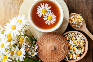 Fototapeta na wymiar cup of herbal chamomile tea and daisy flowers. doctor treatment and prevention of immune concept, medicine - folk, alternative, complementary, traditional medicine