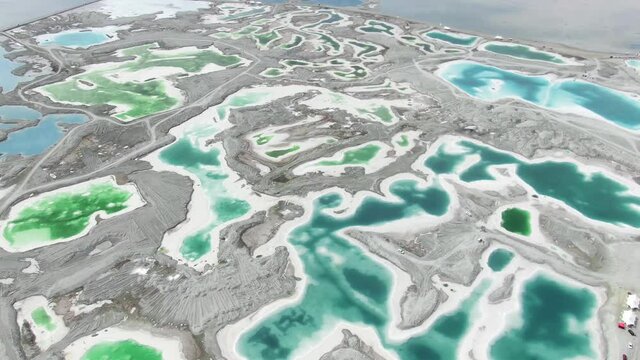 Aerial view of emerald lake (salt lake) located in China QingHai DaChaiDan(Big Chaidam / Da Qaidam). Drone shot footage 4k(UHD).