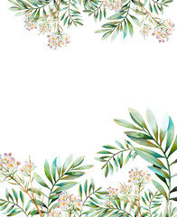 Fototapeta na wymiar Watercolor card with various green plants and waxlowers. Hand drawn natural invitation with branches, leaves isolated on white background. Wedding or greeting design in rustic style