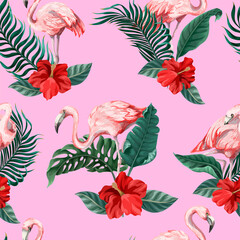 Seamless pattern with pink flamingo, flowers and jungle. Vector.