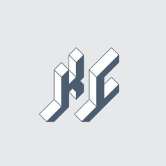 Letters K and C - Monogram or logotype. KC - logo or 2-letter code. Isometric 3d font for design. Three-dimension original letters.