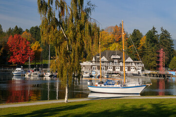 Sailboat cruising out of Coal Harbour at the Vancouver Rowing club in Autumn