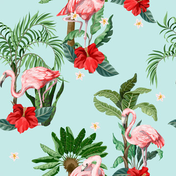 Seamless pattern with pink flamingo, flowers and jungle. Vector.