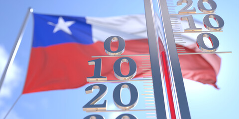 Thermometer shows 0 zero air temperature near waving flag of Chile. Weather forecast conceptual 3D rendering