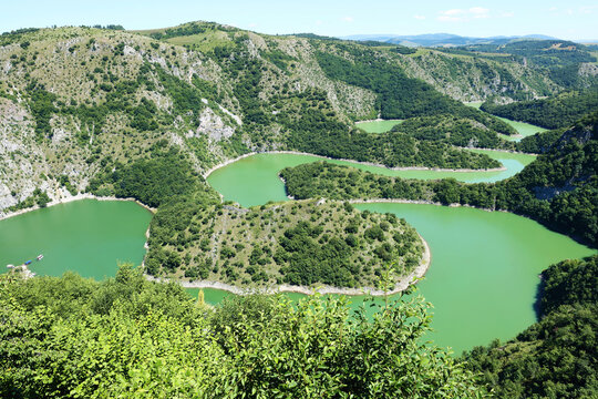 Meanders of the Uvac River, Serbia. Scenic view of summer mountain canyon river. Miracle of nature