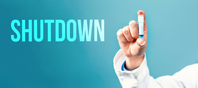 Shutdown coronavirus theme with a doctor holding a laboratory vial on a blue background