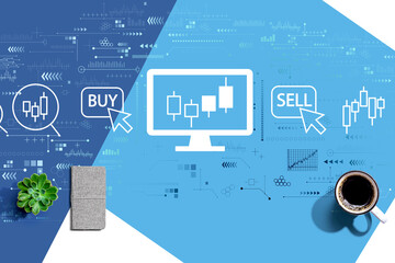 Stock trading theme with a cup of coffee and a notebook