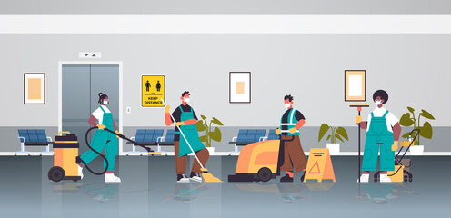 mix race cleaners in masks disinfecting coronavirus cells in corridor to prevent covid-19 pandemic cleaning service disinfection control of epidemic concept horizontal full length vector illustration