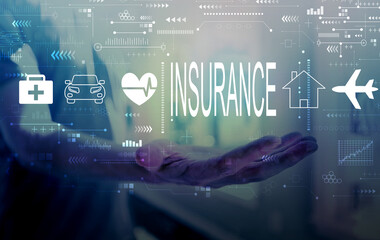 Insurance concept with young man holding his hand