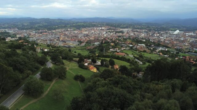 Oviedo, buildings in the city of Asturias,Spain. Aerial Drone Footage