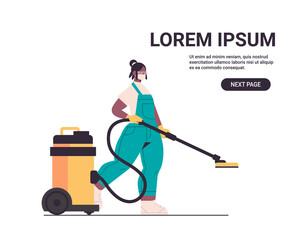 african american woman janitor in mask using vacuum cleaner disinfecting coronavirus cells to prevent covid-19 pandemic cleaning service concept horizontal full length copy space vector illustration