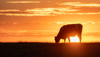 Fototapeta na wymiar Lonely cow grazing in the setting sun 