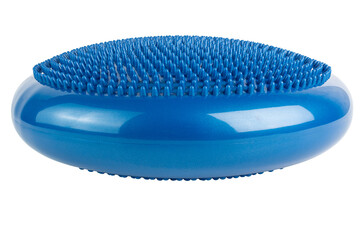 Blue inflatable balance disk isoleated on white background, It is also known as a stability disc,...