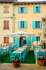 view of beautiful outdoors restaurant with sun umbrellas