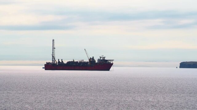 CONCEPTION BAY SOUTH, NEWFOUNDLAND AND LABRADOR, CANADA &ndash; AUGUST 2, 2020. The Terra Nova offshore floating oil platform and supply ship en route to Europe, taken on August 2, 2020 in Conception Bay.