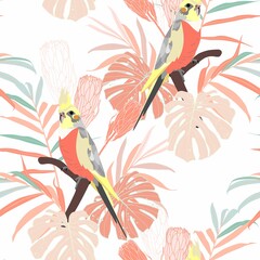 Seamless pattern with parrots and  palm tropical leaves. Retro colors. Colorful hand drawn sketch. Great choice for textile, backgrounds, wallpaper, wrapping paper.