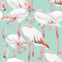 Seamless pattern with white flamingos. Simple design to fabric. Light pattern. Mint background.