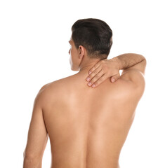 Man suffering from pain in neck on white background. Visiting orthopedist