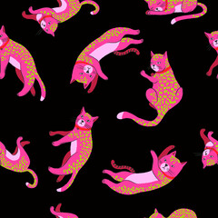 Seamless pattern with pink cats or leopards. Vector.