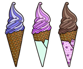 Vector illustration. Multicolor ice cream in waffle cone set. Ice cream cone isolated on white. Cute flat cartoon style illustration for product design
