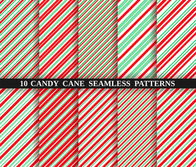 Set of ten christmas seamless pattern. Candy cane stripe texture. Vector. Holiday candycane background. Red green wrapping paper. Peppermint caramel diagonal print. Classic winter illustration.