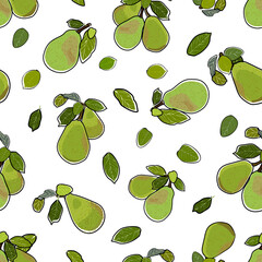 Green Pear handmade illustration, unfit colored, black outline, cartoon vector illustration, over white background seamless pattern
