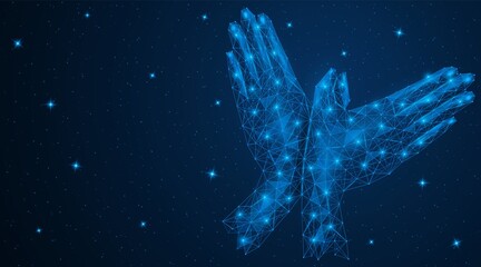 Two human hands on the background of the starry sky form a bird, a dove symbol of peace. Polygonal construction. Blue background.