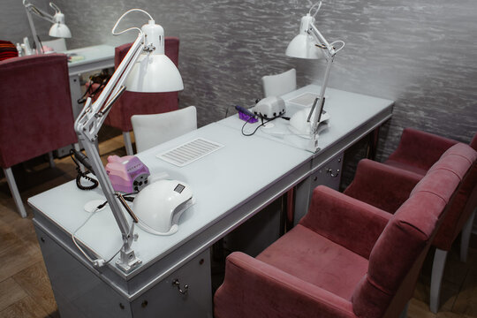 Nail and pedicure saloon modern with nail polish colorful in a row on white background.