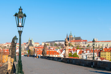 Obraz premium Prague Castle view from Charles Bridge on sunny spring morning, Praha, Czech Republic