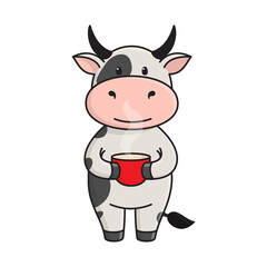 A cute spotted bull or cow stands and holds a Cup of hot tea or coffee. The bull is a symbol of the New year 2021 according to the Eastern calendar. Vector stock flat illustration isolated on a white 