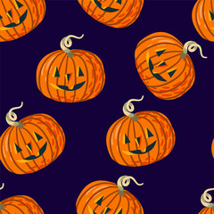 Seamless pattern with Halloween pumpkins on purple background. Vector cartoon flat illustration